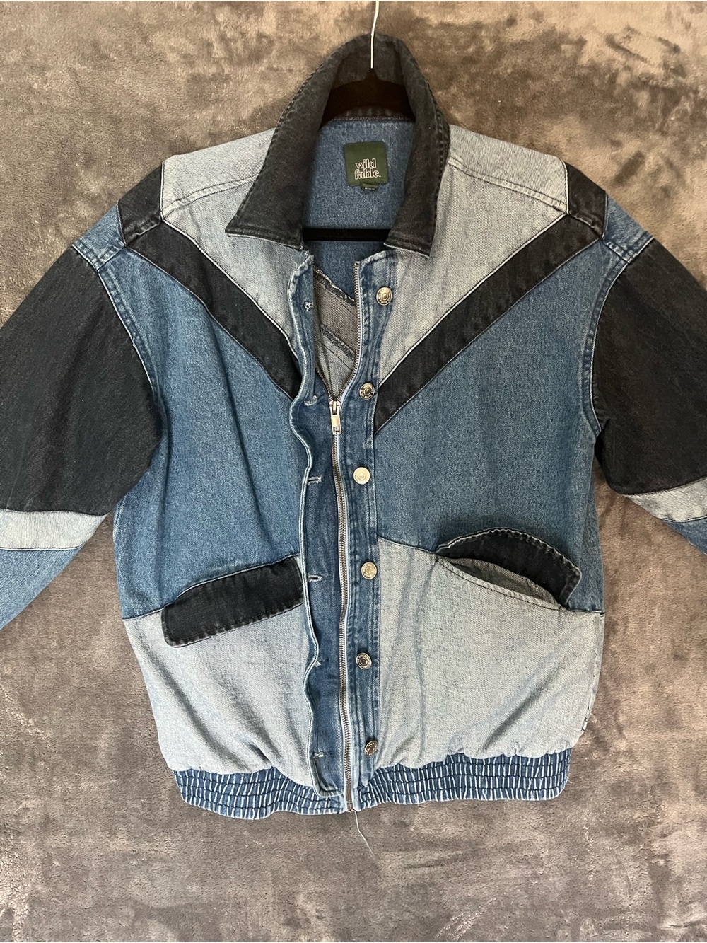 Wild fable W small Patchwork Two-Tone Denim Bomber Jacket - Blue & Black